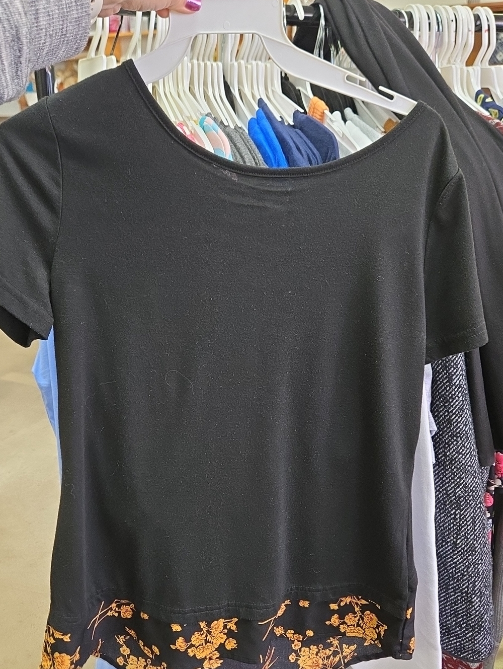 Women's Black Short Sleeve Top with Orange Floral Hem